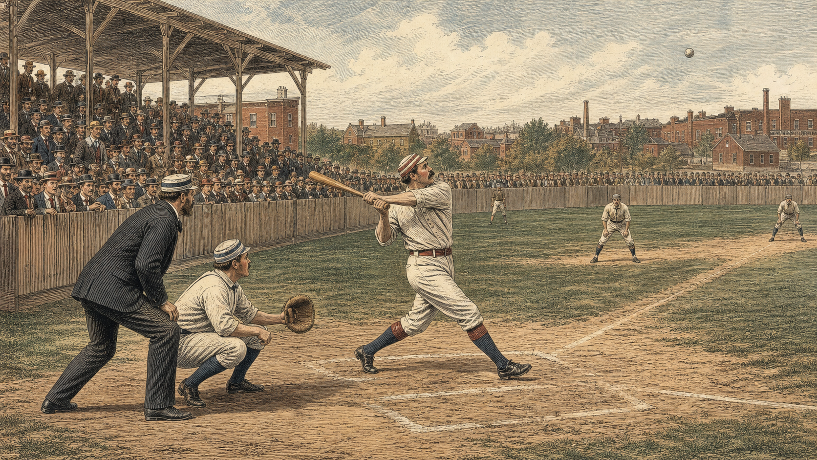 A hand-colored engraving-style illustration of an American baseball game in the 1880s